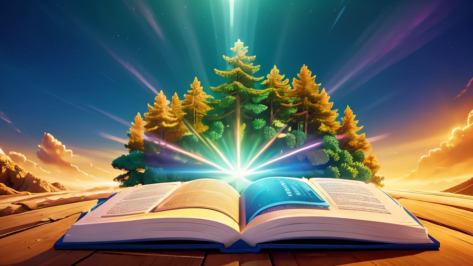 a vibrant book in the sky, youtube banner, intricate details, cinematic lighting, dramatic colors, ethereal atmosphere, digital art, 8k, highres, masterpiece, hyper detailed, photorealistic, volumetric lighting, dramatic composition, glowing light emanating from the book, wispy clouds in the sky, golden rays of sunlight, vivid hues, dynamic camera angle, seamless blending of elements, professional digital painting