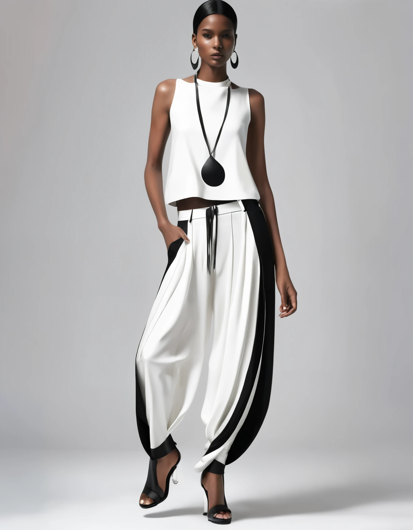 (nsfw:1.2), (masterpiece, Best Quality:1.4), digital art, Generate an image of a modern and avant-garde fashion outfit. The outfit consists of a single piece that combines a loose, straight-line top and drop-crotch pants. The entire outfit is predominantly white.
The top features a simple crew neckline and falls straight down from the shoulders to the ankles, creating a flowing silhouette. The pants have a distinctive drop-crotch design, with the crotch area hanging low and the legs gradually tapering down to a more fitted shape. On the right leg, there is an abstract, hand-drawn-style pattern or sketch that adds a unique artistic touch.
Around the neck, the model is wearing a long, black necklace with a large central ring and multiple thin straps hanging down, creating a strong visual contrast against the white outfit. The footwear is black platform sandals with a simple yet bold design that complements the overall modern and edgy look of the outfit.
The model is posed against a plain background, with a relaxed and confident stance, highlighting the unique silhouette and details of the outfit