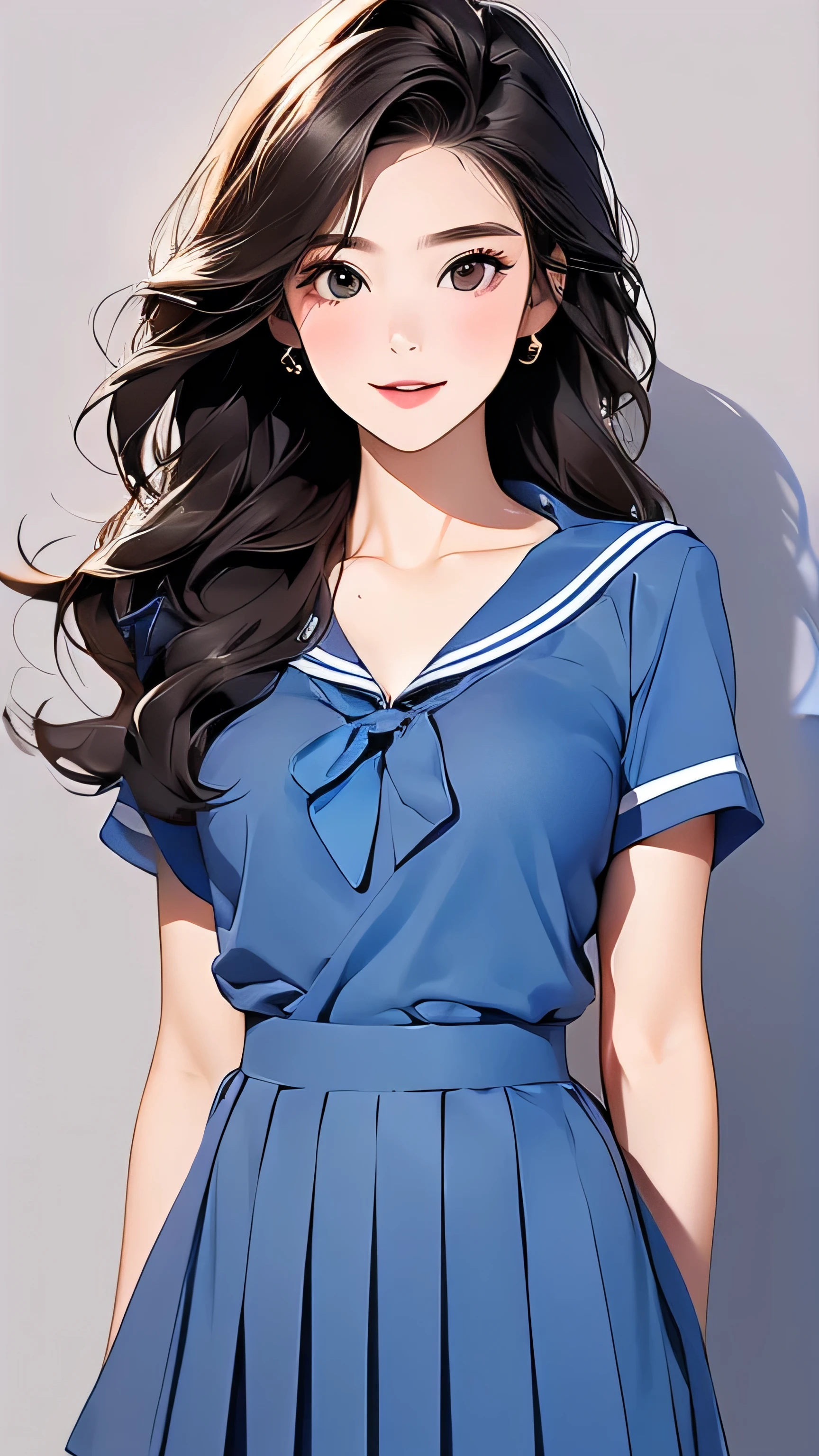 Open chest、Laughter、room、8k、Delicate face、Detailed face、Simple Background、Japanese High 、Sailor suit、Navy mini pleated skirt、Shoot so that the whole body is captured away from the camera.Super long brown hair,Hair with loose waves inside
