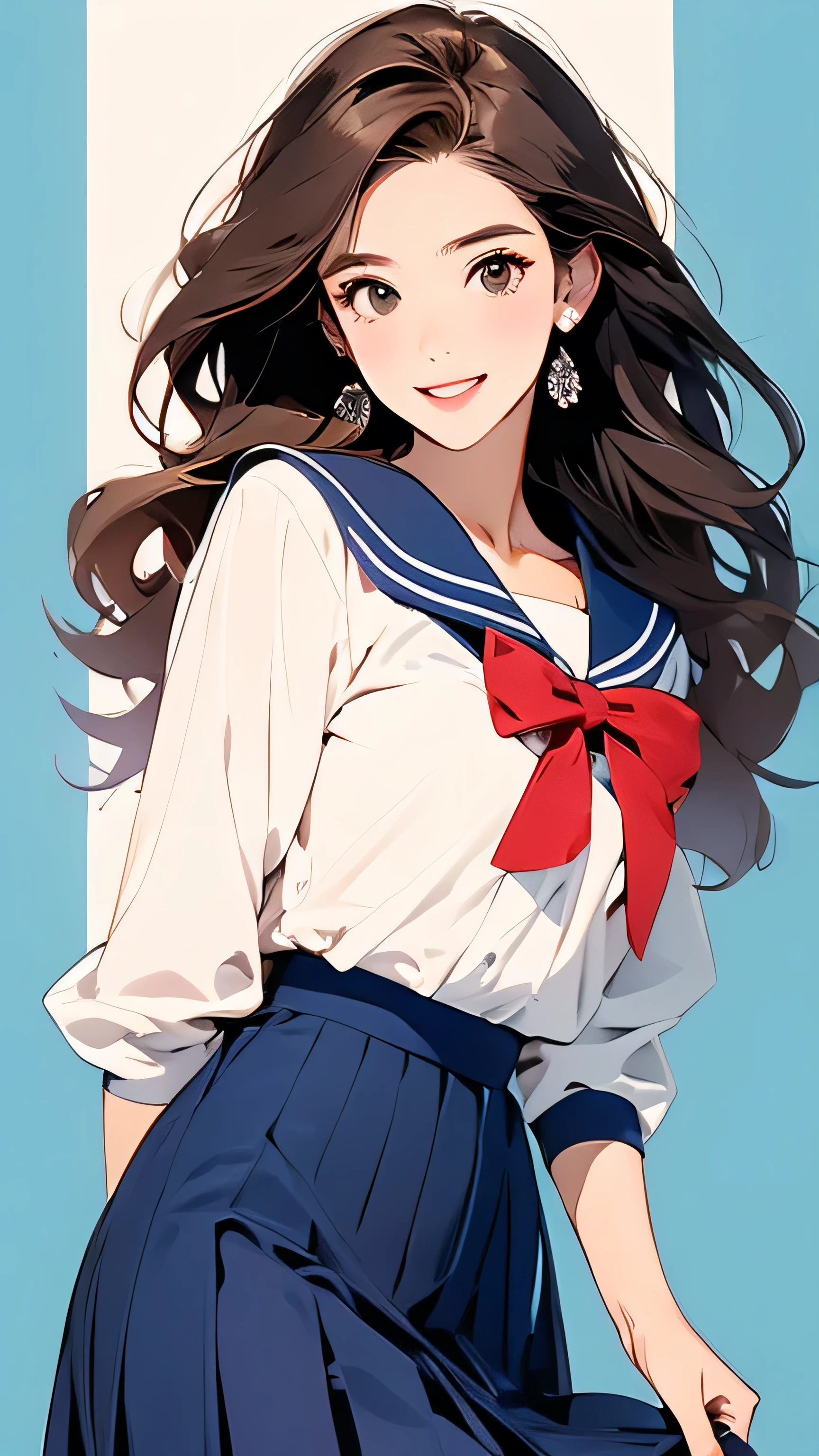 Open chest、Laughter、room、8k、Delicate face、Detailed face、Simple Background、Japanese High 、Sailor suit、Navy mini pleated skirt、Shoot so that the whole body is captured away from the camera.Super long brown hair,Hair with loose waves inside
