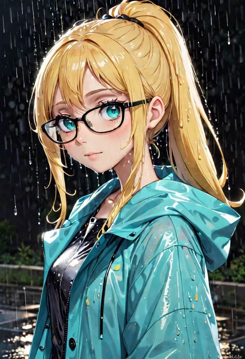 Anime girl, portrait style, black background, long light blonde ponytail, bright turquoise eyes,black glasses, cute raincoat, wet hair, rain on clothes