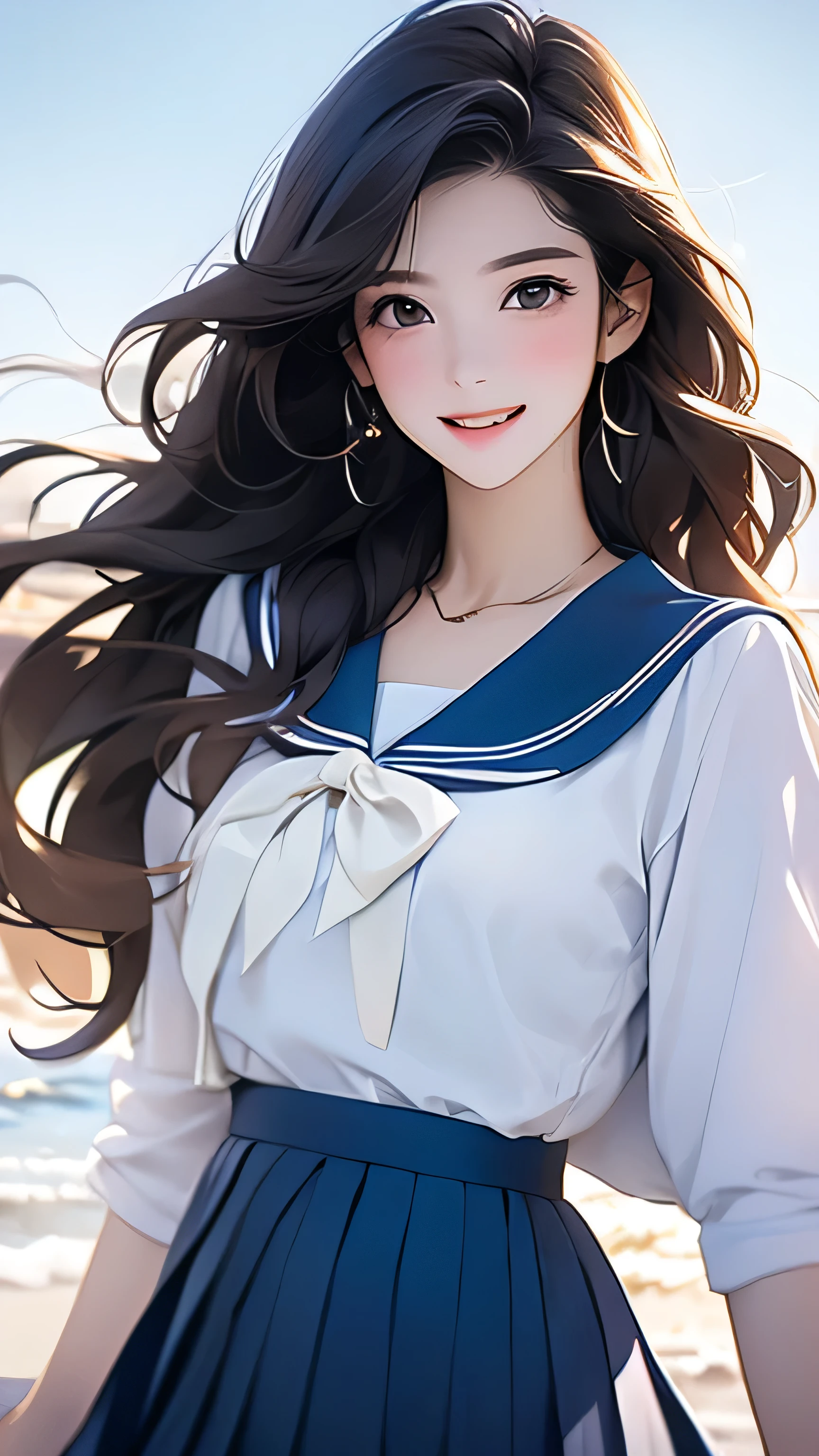 Open chest、Laughter、room、8k、Delicate face、Detailed face、Simple Background、Japanese High 、Sailor suit、Navy mini pleated skirt、Shoot so that the whole body is captured away from the camera.Super long brown hair,Hair with loose waves inside