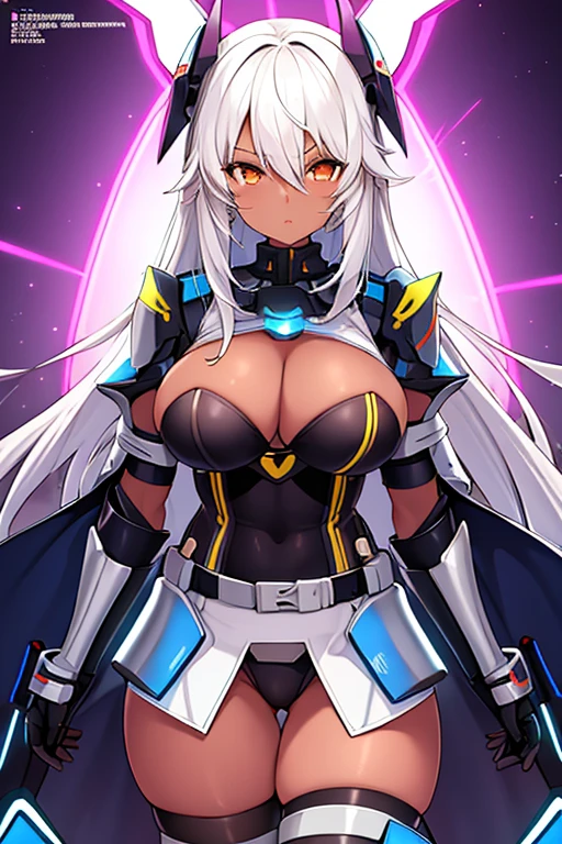 1girl, dark-skin, dark-skinned female, white hair, long hair, black leotard, white trim, large breasts, thick thighs, belt, thighhighs, pantyhose, knife, mature female, milf, toned, tall, shoulder armor, sleeves, long sleeves, gloves, elbow gloves, neon, neon trim, neon lights, futuristic, science-fiction, tech, machinery, anime, anime style, 2d, anime screencap