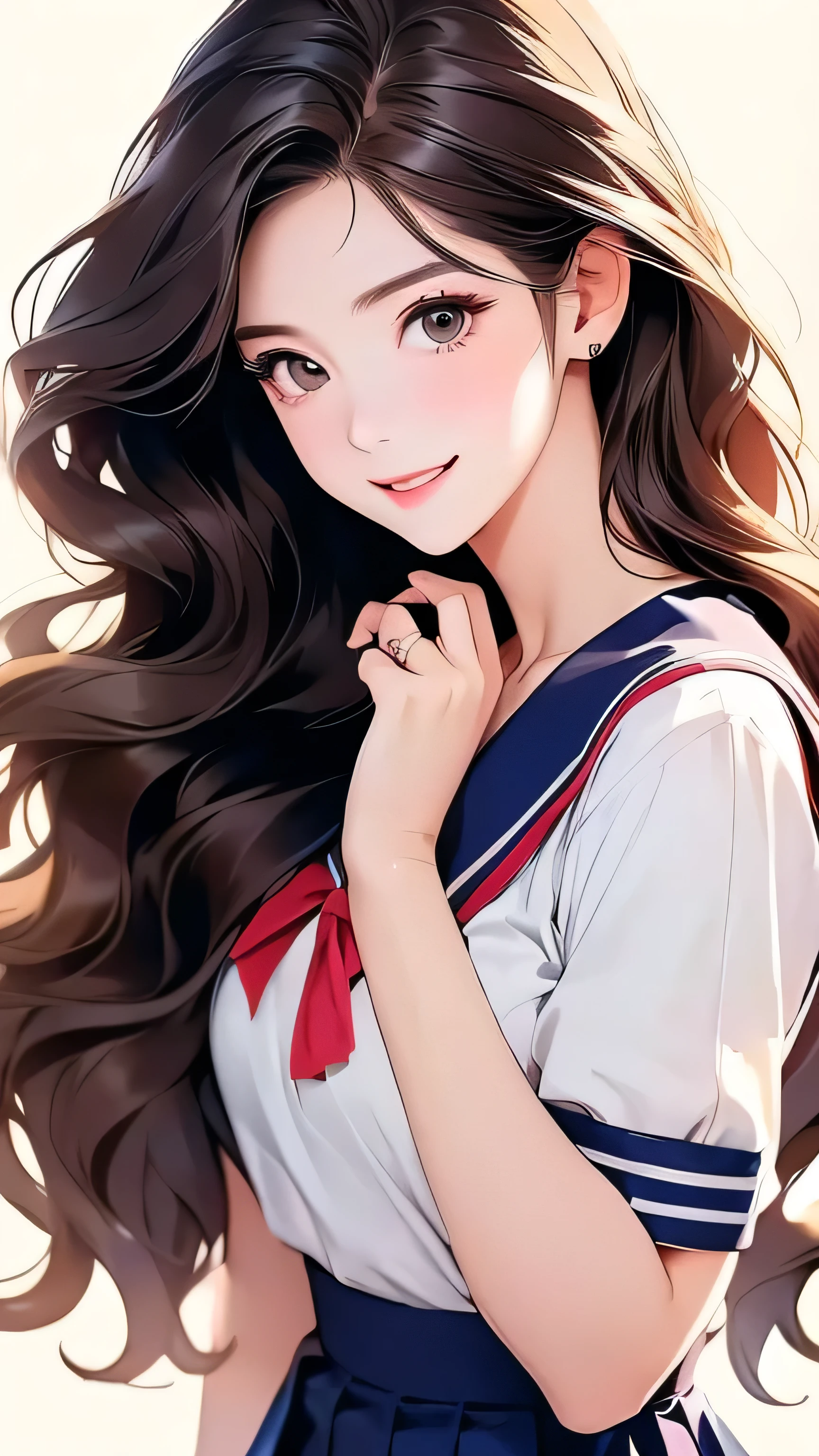 Open chest、Laughter、room、8k、Delicate face、Detailed face、Simple Background、Japanese High 、Sailor suit、Navy mini pleated skirt、Shoot so that the whole body is captured away from the camera.Super long brown hair,Hair with loose waves inside,Place your left hand gently on your chin,right hand holding her mouin