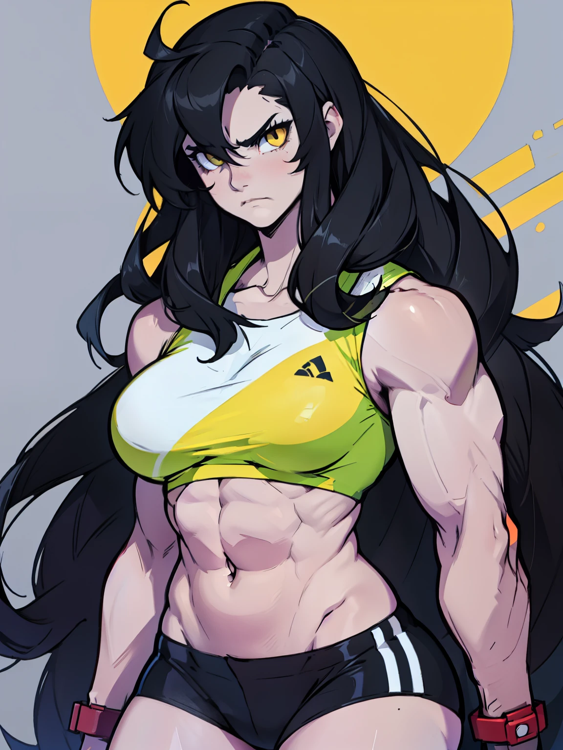 sad pale muscular girl breasts hair black hair yellow eyes extremely long hair sad