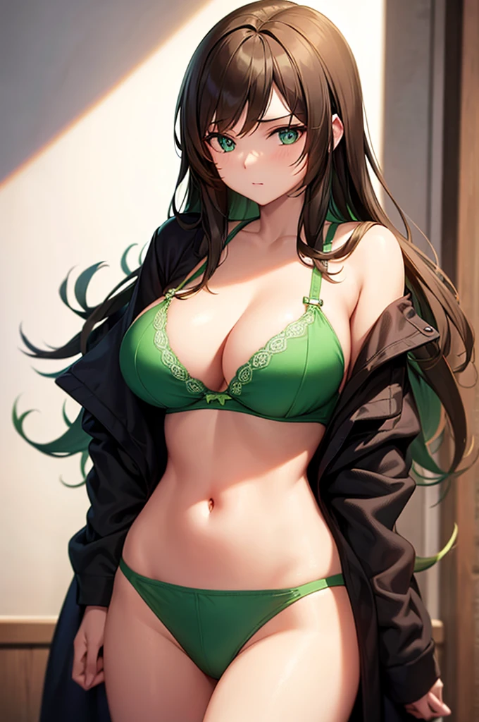 a 20 year old girl wearing an green bra and green underwear and has long brown hair (big breast)