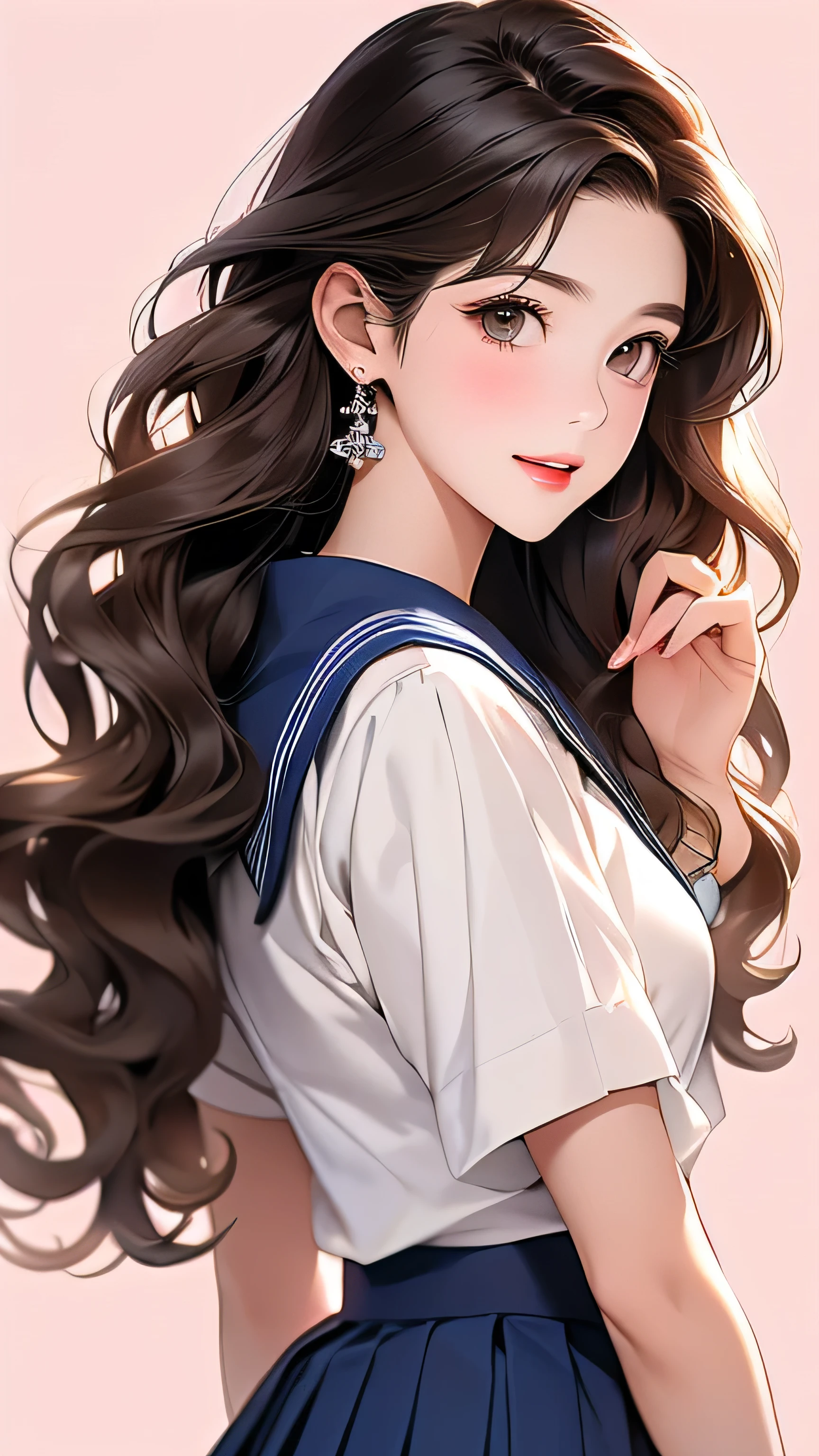 Open chest、Laughter、room、8k、Delicate face、Detailed face、Simple Background、Japanese High 、Sailor suit、Navy mini pleated skirt、Shoot so that the whole body is captured away from the camera.Super long brown hair,Hair with loose waves inside,Place your left hand gently on your chin,right hand holding her mouin