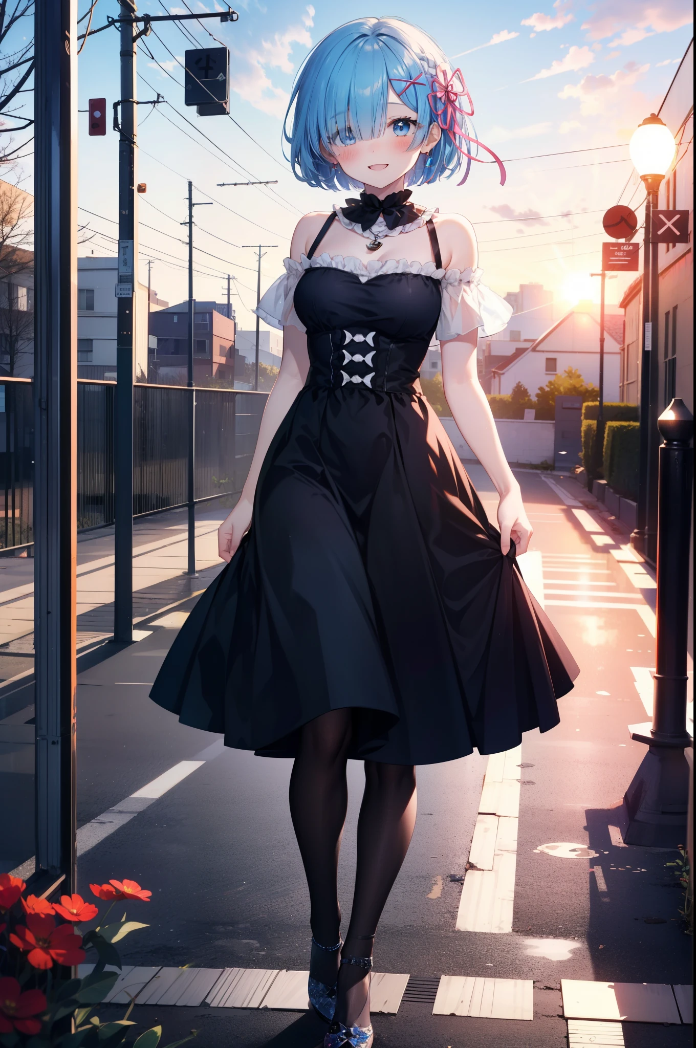 rezeroRem, Rem, blue eyes, Blue Hair, hair ornaments, Hair on one eye, hair ribbon, short hair, x hair ornaments,Rocket Pendant,happy smile, smile, Open your mouth,blush,Short sleeve,Cold shoulder dress,Long skirt,Black pantyhose stiletto heels,morning,morning陽,The sun is rising,Walking,whole bodyがイラストに入るように,
break outdoors, In town,Building district,
break looking at viewer, whole body,
break (masterpiece:1.2), highest quality, High resolution, unity 8k wallpaper, (figure:0.8), (Beautiful fine details:1.6), extRemely detailed face, Perfect lighting, extRemely detailed CG, (Perfect hands, Perfect Anatomy),
