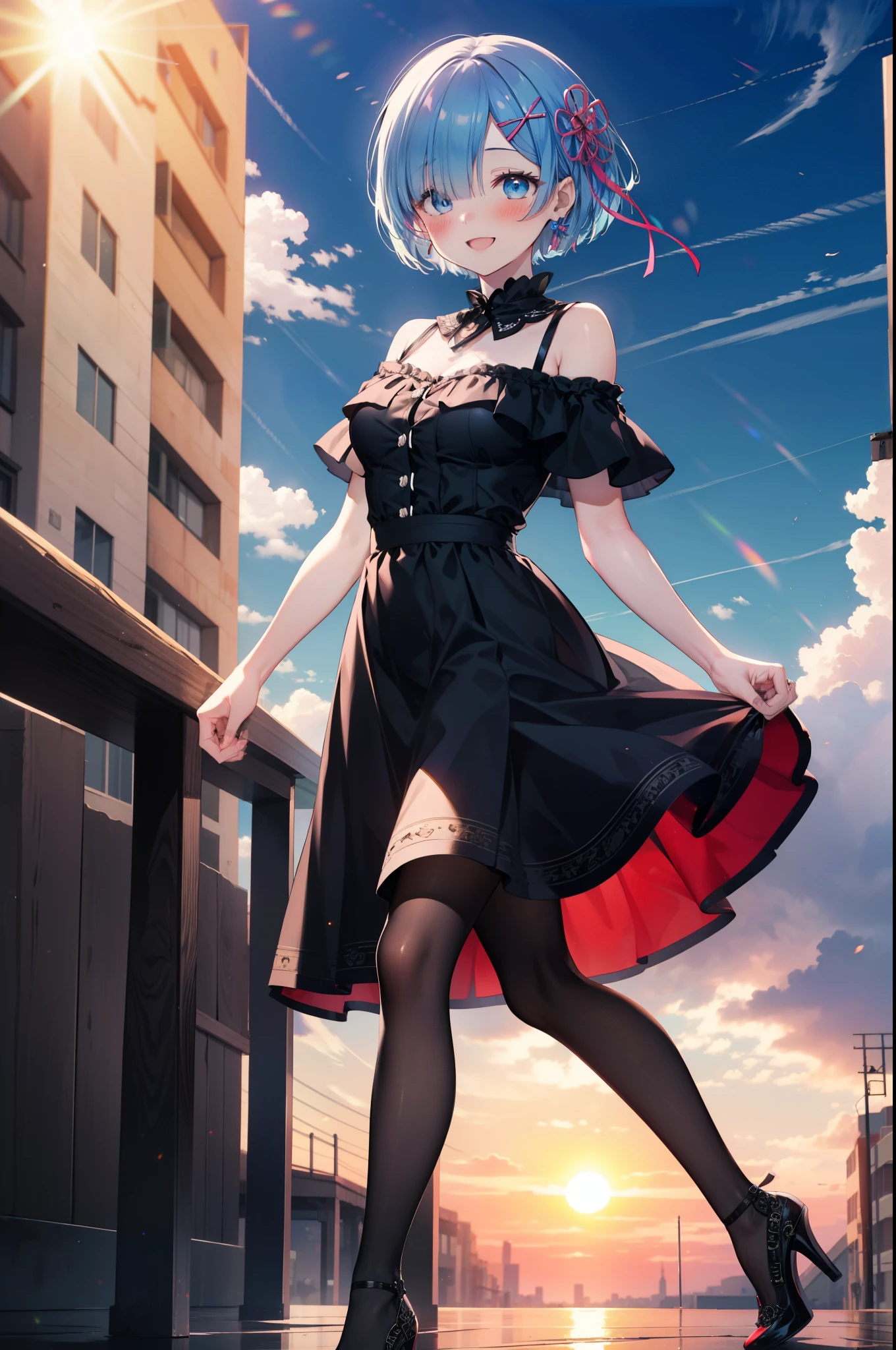 rezeroRem, Rem, blue eyes, Blue Hair, hair ornaments, Hair on one eye, hair ribbon, short hair, x hair ornaments,Rocket Pendant,happy smile, smile, Open your mouth,blush,Short sleeve,Cold shoulder dress,Long skirt,Black pantyhose stiletto heels,morning,morning陽,The sun is rising,Walking,whole bodyがイラストに入るように,
break outdoors, In town,Building district,
break looking at viewer, whole body,
break (masterpiece:1.2), highest quality, High resolution, unity 8k wallpaper, (figure:0.8), (Beautiful fine details:1.6), extRemely detailed face, Perfect lighting, extRemely detailed CG, (Perfect hands, Perfect Anatomy),