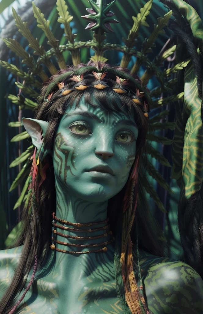 avatar style, (face portrait:1.6), naavi, 1girl, female, (green eyes), ((big detailed alien eyes:1)), ((eyebrowless)), ((pointy ears)), (green skin tone:1.0), (straight hair:1.0), brown hair color, ((long messy hair)), (young adult), 18 years old, face wrinkles, ((wearing colorful tribal clothing)), (wearing tribal acessories), detailed eyes, toned body, muscled body, vibrant colors, glowing, ethereal atmosphere, surrealistic dreamy lighting, textured skin, otherworldly beauty, mesmerizing photography, (best quality, highres), vivid colors, ultrarealistic, skin details, striped skin, sfw, face close-up:0.5, ultradetailed body, ((forest green skin)), dark background, night time, intricatedetails