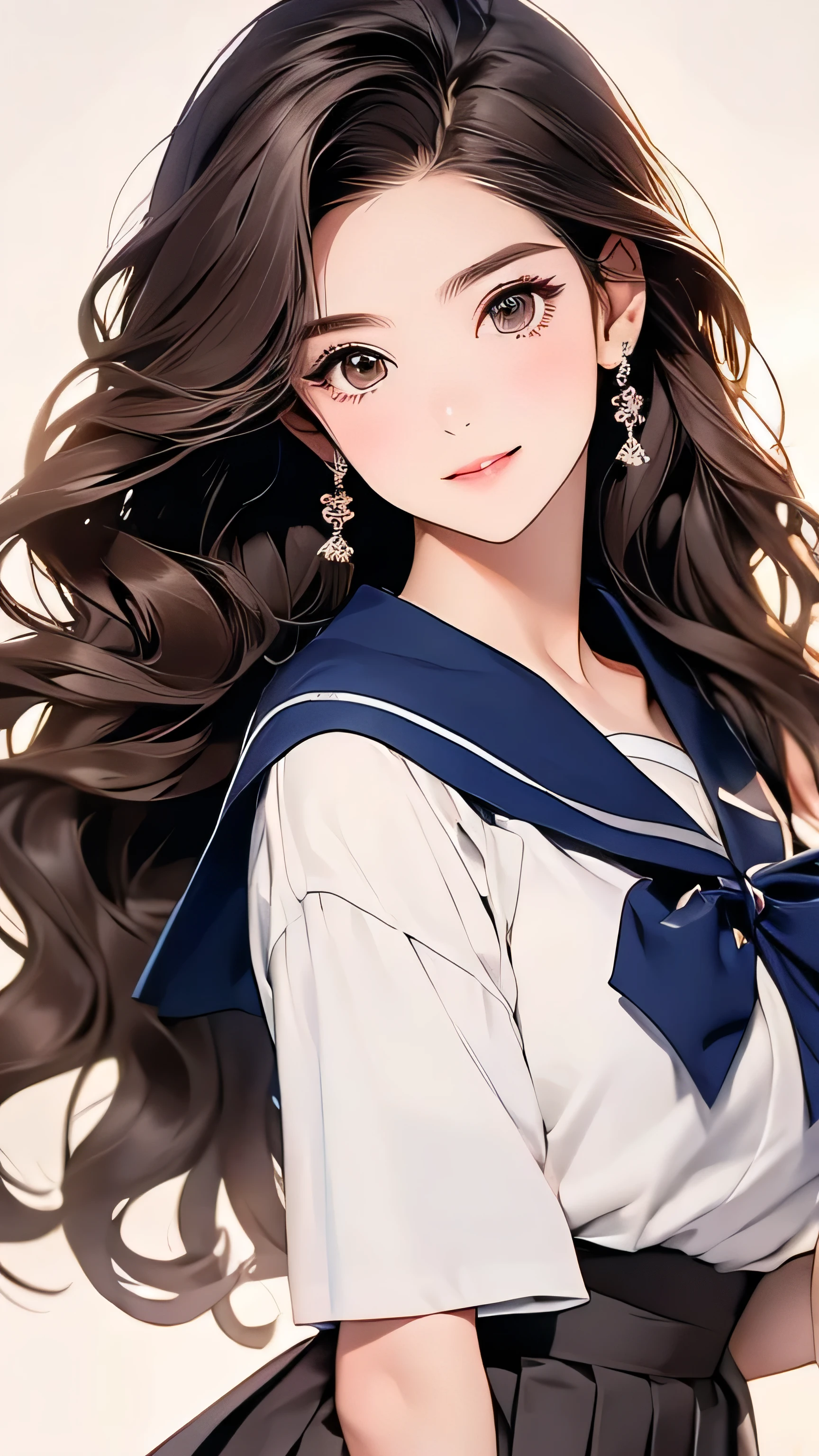 Open chest、Laughter、room、8k、Delicate face、Detailed face、Simple Background、Japanese High 、Sailor suit、Navy mini pleated skirt、Black loafers,Shoot so that the whole body is captured away from the camera.Super long brown hair,Hair with loose waves inside,Place your left hand gently on your chin,right hand holding her mouin,