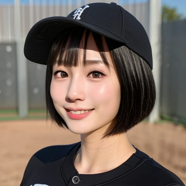 (kawaii 24 year-old Japanese girl, Nogizaka idol, Korean idol, female baseball player), healthy athlete body, (glossy black hair, very short hair, pixie cut, bangs:1.3), beautiful black eyes, rounded face, single eyelid, whitened even teeth, (no makeup:1.2), (big laughing:1.2), (baseball uniform, baseball cap:1.3), extra small breasts, BREAK, (park background, summer daytime:1.2), (dynamic angle, bust shot:1.2), BREAK, (masterpiece, best quality, photo realistic, official art:1.4), (UHD, 8K quality wallpaper, high resolution, raw photo, golden ratio:1.3), (shiny skin), professional lighting, physically based rendering, award winning, (highly detailed skin texture, extremely detailed face and eyes textures), Carl Zeiss 85 mm F/1.4, depth of field, (1girl, solo),
