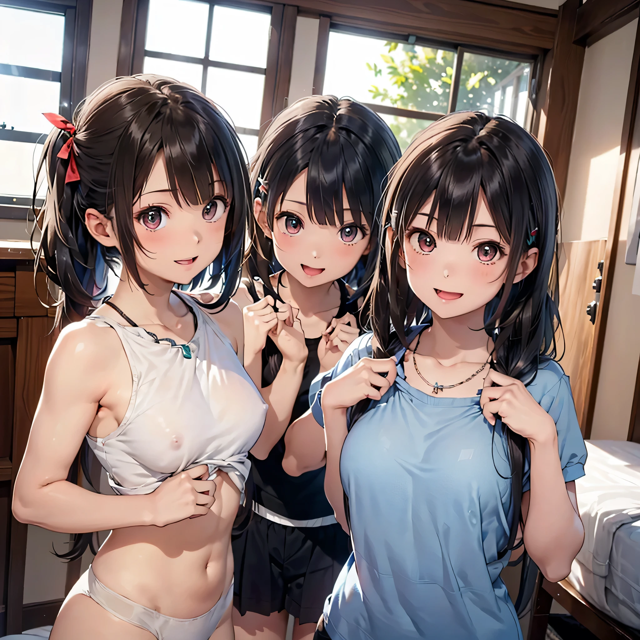 ((masterpiece, best quality, ultra quality, high quality, hyper detailed, intricate detailed, perfect anatomy, shiny skin)), ((upper body:1.2)), (three women are posing for a camera:1.4), (indoors, bed, pillow:1.2), (Lift up your camisole), (full nude:1.4), (smile, shy, red cheek, blush:1.2), (Open your mouth:1.6), (Stand in line) , brown hair, blond hair, navel, jewelry, looking at viewer, necklace, long hair, short hair, Abdominal muscles, straight hair, bob cut, blunt bangs, silky hair, hair clip, hair band, hair ribbon, one-length haircut, ducktail, outward curled hair, French twist hair, twintails, side ponytail, single braid, wavy hair,