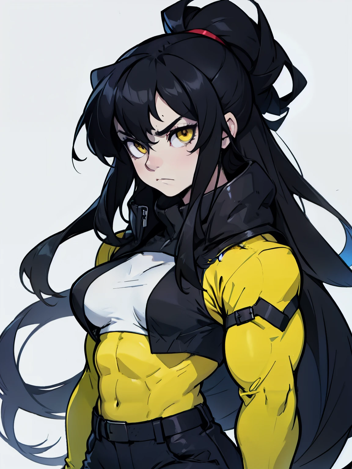 sad pale muscular girl breasts hair black hair yellow eyes extremely long hair sad