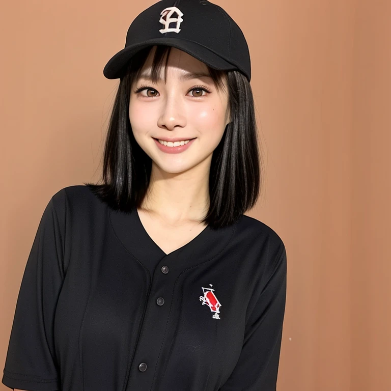 (kawaii 24 year-old Japanese girl, Nogizaka idol, Korean idol, female baseball player), healthy athlete body, (glossy black hair, very short hair, pixie cut, bangs:1.3), beautiful black eyes, rounded face, single eyelid, whitened even teeth, (no makeup:1.2), (big laughing:1.2), (baseball uniform, baseball cap:1.3), extra small breasts, BREAK, (park background, summer daytime:1.2), (dynamic angle, bust shot:1.2), BREAK, (masterpiece, best quality, photo realistic, official art:1.4), (UHD, 8K quality wallpaper, high resolution, raw photo, golden ratio:1.3), (shiny skin), professional lighting, physically based rendering, award winning, (highly detailed skin texture, extremely detailed face and eyes textures), Carl Zeiss 85 mm F/1.4, depth of field, (1girl, solo),