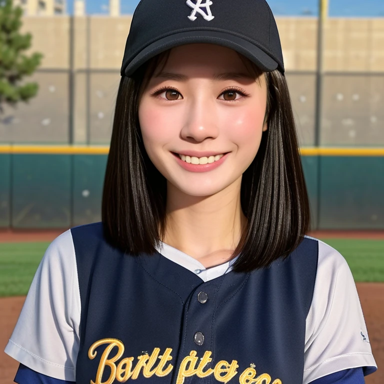 (kawaii 24 year-old Japanese girl, Nogizaka idol, Korean idol, female baseball player), healthy athlete body, (glossy black hair, very short hair, pixie cut, bangs:1.3), beautiful black eyes, rounded face, single eyelid, whitened even teeth, (no makeup:1.2), (big laughing:1.2), (baseball uniform, baseball cap:1.3), extra small breasts, BREAK, (park background, summer daytime:1.2), (dynamic angle, bust shot:1.2), BREAK, (masterpiece, best quality, photo realistic, official art:1.4), (UHD, 8K quality wallpaper, high resolution, raw photo, golden ratio:1.3), (shiny skin), professional lighting, physically based rendering, award winning, (highly detailed skin texture, extremely detailed face and eyes textures), Carl Zeiss 85 mm F/1.4, depth of field, (1girl, solo),