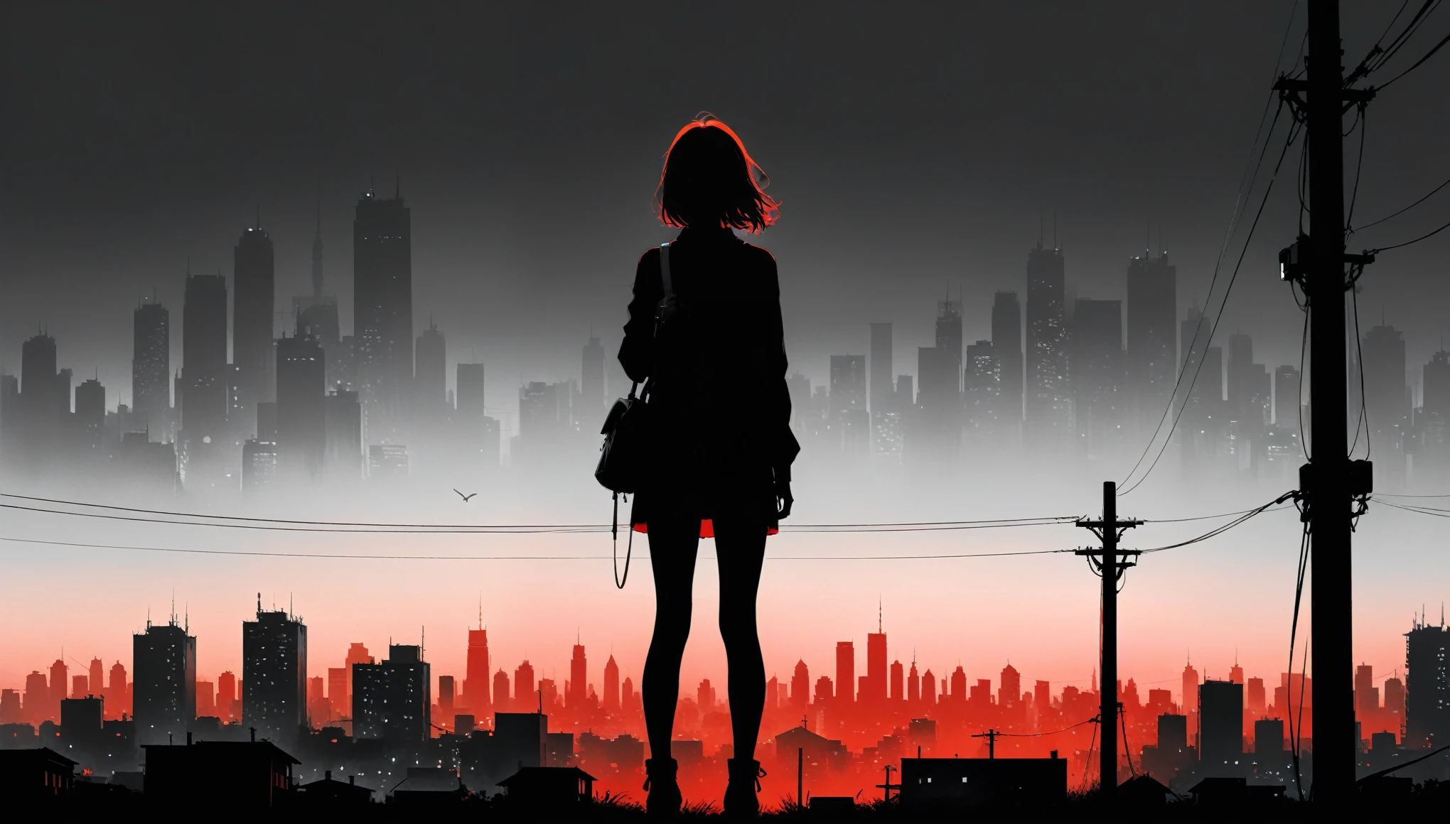 (in style of Ashley Wood:1.3),(in style of Takeshi Obata:0.9),
black and white urban skyline background,protruding utility poles,(a red silhouette of a young girl:1.6),minimalist silhouette,red silhouette,black and white background,wide_shot,silhouette of a age girl on a telephone pole,