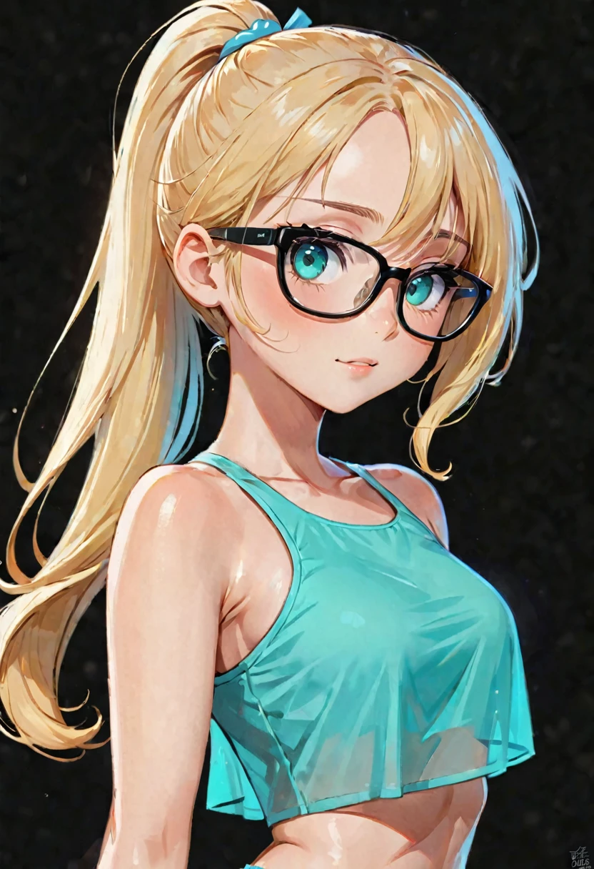 Anime girl, portrait style, black background, long light blonde ponytail, bright turquoise eyes,black glasses, cute summer crop top, windy