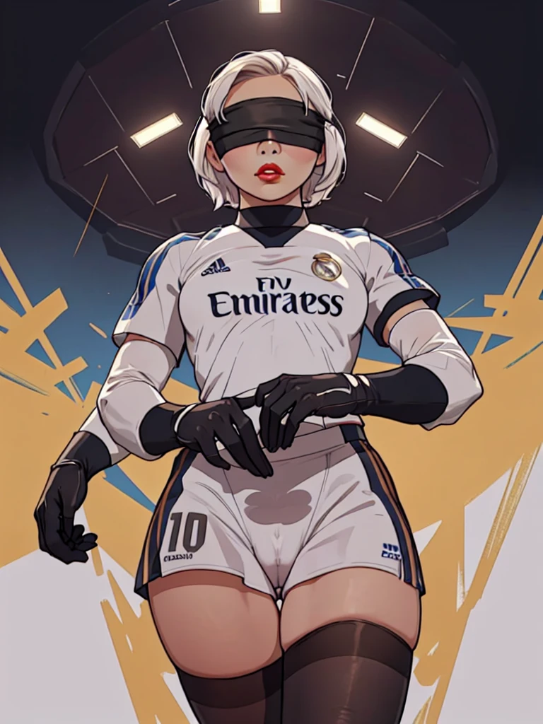  ((((heart hands)))),(from below:1.5), (((front view))),  Best_QualityPos, RAW photo, intricate details, best quality, 8k uhd, soft lighting,  soft lighting, 1girl, ((( Real Madrid shirt))), (((perfect anatomy, anatomically correct, super detailed skin))), 2B from Nier Automata.  ((big cameltoe))), (((wearing a white Real Madrid football team shirt)), short hair, ((solo)), (((blindfold))), ((hourglass body,)), (alone). ((solo:1.5)), ((abstract background))), abstract grunge as background,  big red lips, white hair, 1 girl, ((white Real Madrid football team shirt)). ,[[[(((big hips)))]]]], clothing cutout, gloves, juliet sleeves, leotard, puffy sleeves, , thighhighs, , hourglass body,, shiny skin, watching the viewer, beautiful hair, beautiful face, beautiful detailed eyes, blue eyes, babyface, , beautiful body,standing, (beautiful scenery), 8k, top quality, masterpiece​:1.2, extremely detailed),