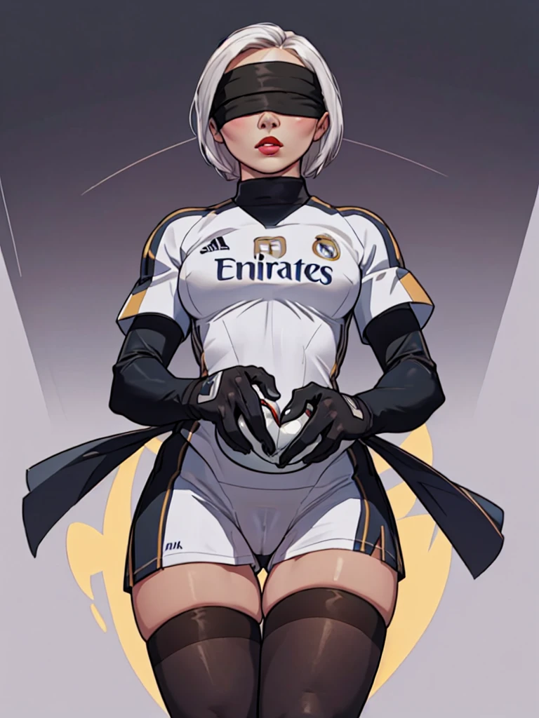  ((((heart hands)))),(from below:1.5), (((front view))),  Best_QualityPos, RAW photo, intricate details, best quality, 8k uhd, soft lighting,  soft lighting, 1girl, ((( Real Madrid shirt))), (((perfect anatomy, anatomically correct, super detailed skin))), 2B from Nier Automata.  ((big cameltoe))), (((wearing a white Real Madrid football team shirt)), short hair, ((solo)), (((blindfold))), ((hourglass body,)), (alone). ((solo:1.5)), ((abstract background))), abstract grunge as background,  big red lips, white hair, 1 girl, ((white Real Madrid football team shirt)). ,[[[(((big hips)))]]]], clothing cutout, gloves, juliet sleeves, leotard, puffy sleeves, , thighhighs, , hourglass body,, shiny skin, watching the viewer, beautiful hair, beautiful face, beautiful detailed eyes, blue eyes, face, , beautiful body,standing, (beautiful scenery), 8k, top quality, masterpiece​:1.2, extremely detailed),