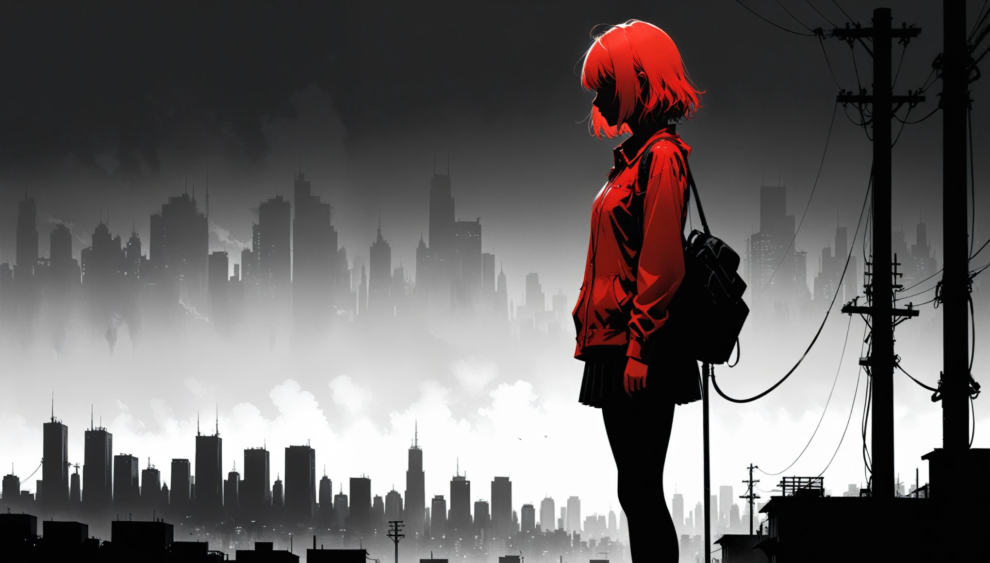 (in style of Ashley Wood:1.3),(in style of Takeshi Obata:0.9),
black and white urban skyline background,protruding utility poles,(a red silhouette of a young girl:1.6),minimalist silhouette,red silhouette,black and white background,wide_shot,silhouette of a teenage girl on a telephone pole,