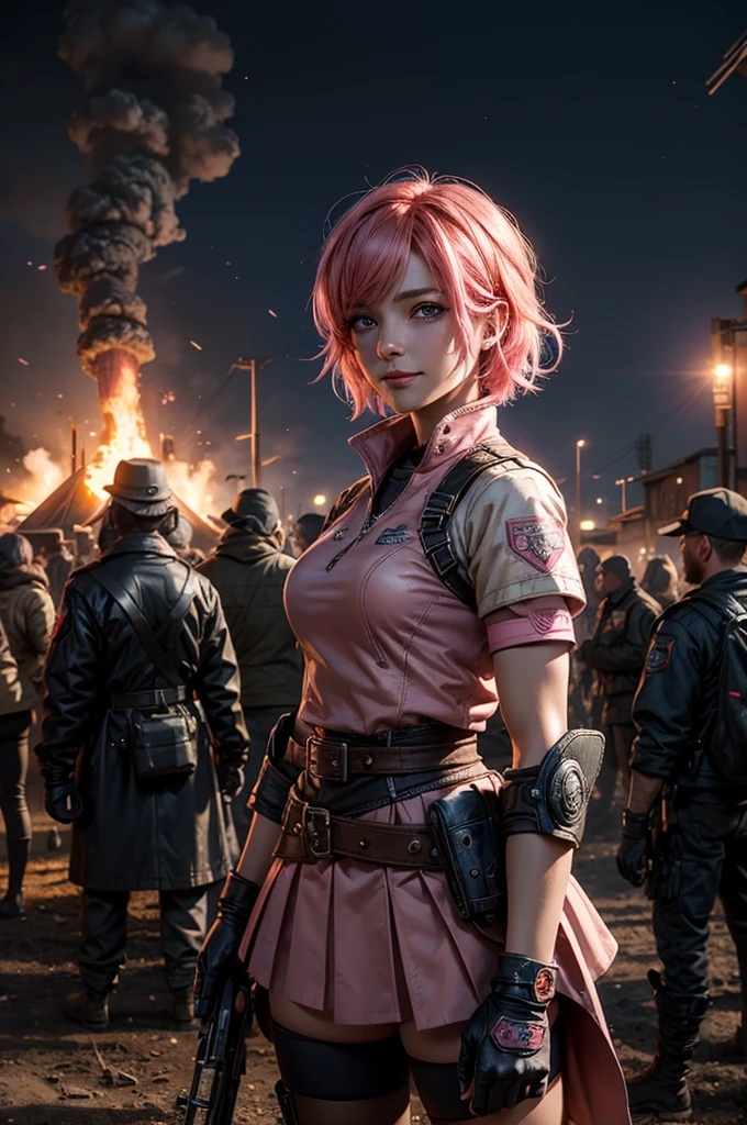 1girl,cowboy shot, beautiful nora_valkyrie, looking at viewer, smile, short hair, blue eyes,heart design on t-shirt, gloves, jacket, pink skirt, pink belt, short sleeves, puffy sleeves, single armband, fingerless gloves, short hair, orange hair, pink gloves, dynamic pose, night, lightning, standing near old steam train, post-apocalypse, dystopian future, crowd, (crowd in military uniforms), bonfires, (volumetric lighting), best quality, masterpiece, intricate details, tonemapping, sharp focus, hyper detailed, trending on Artstation,