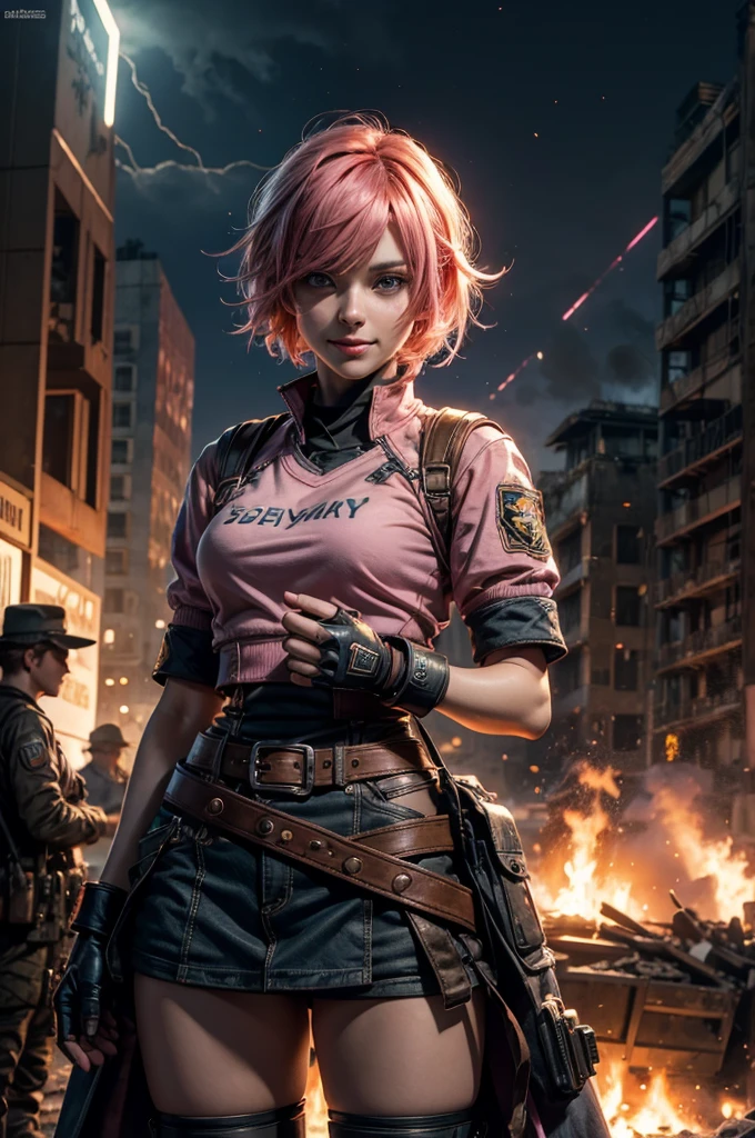  1girl,cowboy shot, beautiful nora_valkyrie, looking at viewer, smile, short hair, blue eyes,heart design on t-shirt, gloves,  jacket, pink skirt, pink belt, short sleeves, puffy sleeves, single armband, fingerless gloves, short hair, orange hair, pink gloves, dynamic pose, night, lightning, standing near old steam train, post-apocalypse, dystopian future, crowd, (crowd in military uniforms), bonfires, (volumetric lighting), best quality, masterpiece, intricate details, tonemapping, sharp focus, hyper detailed, trending on Artstation,