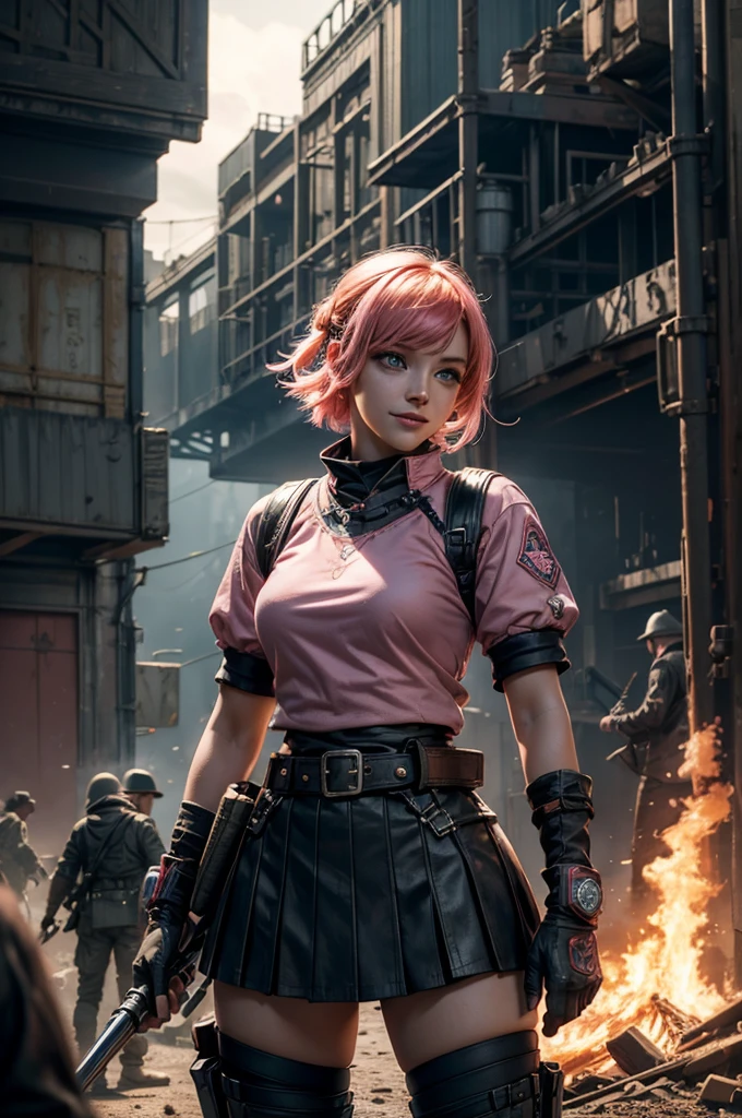 1girl,cowboy shot, beautiful nora_valkyrie, looking at viewer, smile, short hair, blue eyes,heart design on t-shirt, gloves, jacket, pink skirt, pink belt, short sleeves, puffy sleeves, single armband, fingerless gloves, short hair, orange hair, pink gloves, dynamic pose, night, lightning, standing near old steam train, post-apocalypse, dystopian future, crowd, (crowd in military uniforms), bonfires, (volumetric lighting), best quality, masterpiece, intricate details, tonemapping, sharp focus, hyper detailed, trending on Artstation,