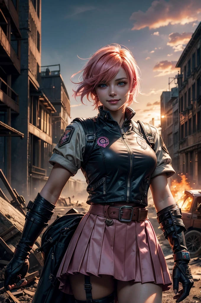 1girl,cowboy shot, beautiful nora_valkyrie, looking at viewer, smile, short hair, blue eyes,heart design on t-shirt, gloves, jacket, pink skirt, pink belt, short sleeves, puffy sleeves, single armband, fingerless gloves, short hair, orange hair, pink gloves, dynamic pose, night, lightning, standing near old steam train, post-apocalypse, dystopian future, crowd, (crowd in military uniforms), bonfires, (volumetric lighting), best quality, masterpiece, intricate details, tonemapping, sharp focus, hyper detailed, trending on Artstation,