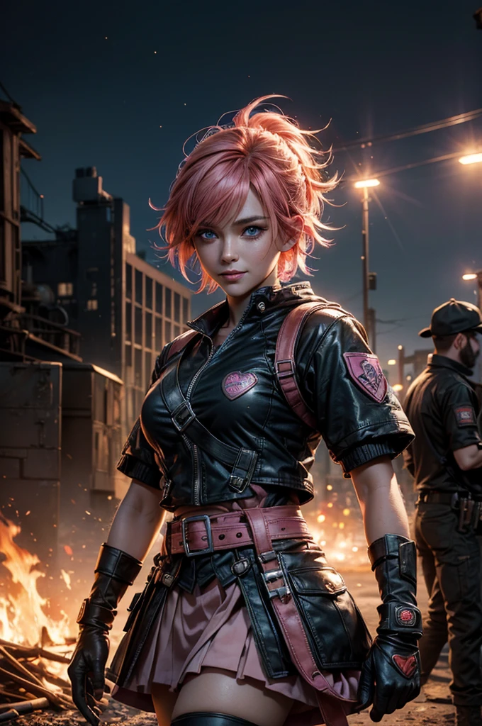 1girl,cowboy shot, beautiful nora_valkyrie, looking at viewer, smile, short hair, blue eyes,heart design on t-shirt, gloves,  jacket, pink skirt, pink belt, short sleeves, puffy sleeves, single armband, fingerless gloves, short hair, orange hair, pink gloves, dynamic pose, night, lightning, standing near old steam train, post-apocalypse, dystopian future, crowd, (crowd in military uniforms), bonfires, (volumetric lighting), best quality, masterpiece, intricate details, tonemapping, sharp focus, hyper detailed, trending on Artstation,