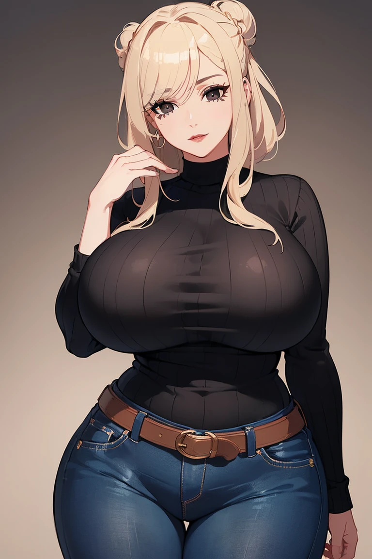 (Uhd, Masterpiece, Textured Skin, Super Detail, High Details, High Quality, Best Quality), Detailed Face, 1woman, mature pretty woman, ((Wide hips, thick thighs, massive huge breasts)), Blonde hair tied up, (Black sweater shirt), jeans, (Huge Body), (Hair tied up with side bangs)