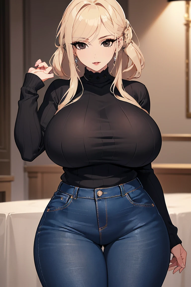 (Uhd, Masterpiece, Textured Skin, Super Detail, High Details, High Quality, Best Quality), Detailed Face, 1woman, mature pretty woman, ((Wide hips, thick thighs, massive huge breasts)), Blonde hair tied up, (Black sweater shirt), jeans, (Huge Body), (Hair tied up with side bangs)