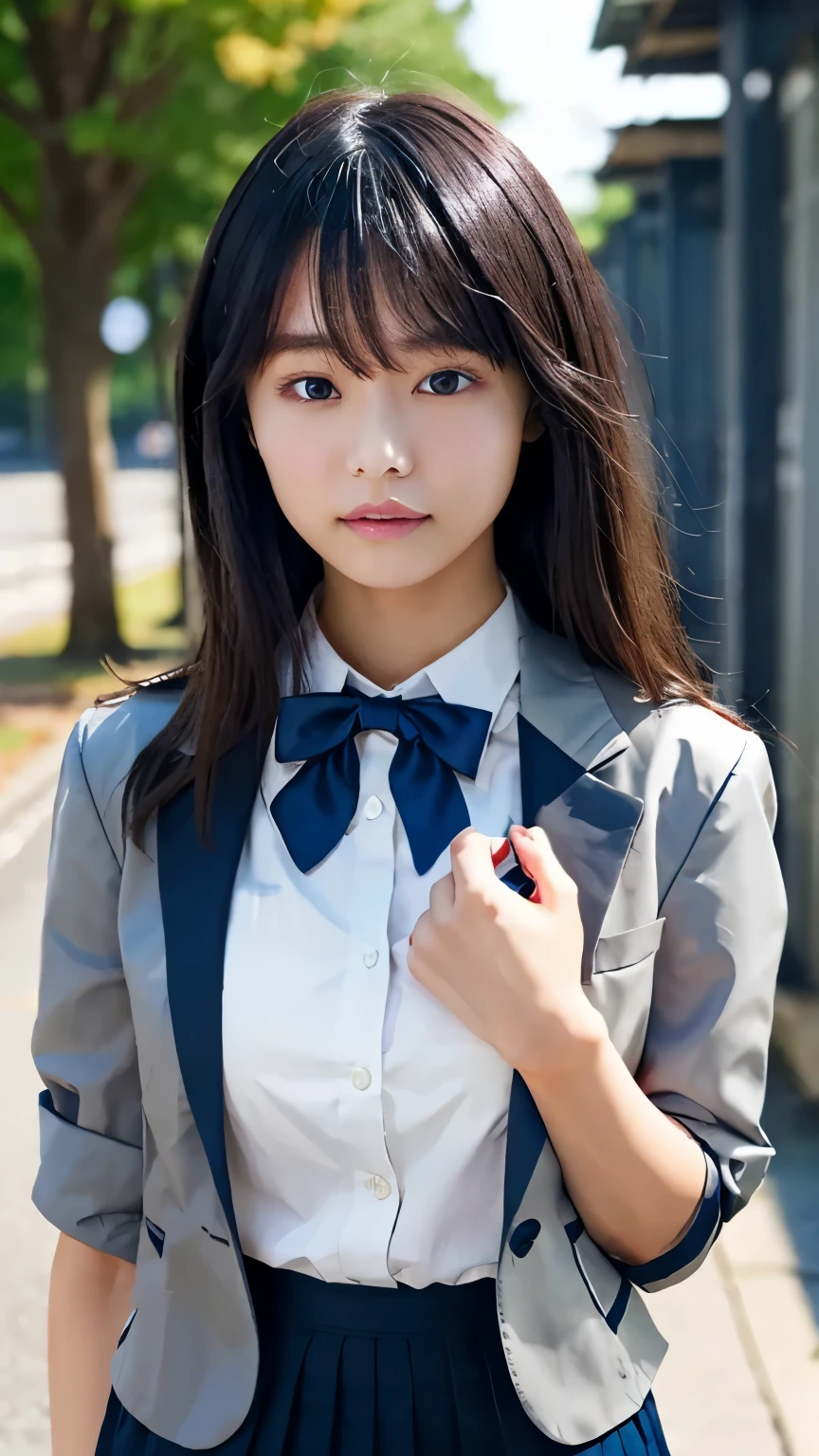 (masterpiece:1.2, top-quality), (realistic, photorealistic:1.4), beautiful illustration, (natural side lighting, movie lighting), , 
looking away, (face focus, upper body, front view:0.6), 1 girl, high school girl, japanese, perfect face, perfect anatomy, cute and symmetrical face, (round face), shiny skin, 
(long hair:1.6, hime cut:1.5, black hair), blunt bangs, blue eyes, big eyes, long eye lasher, (medium breasts), 
beautiful hair, beautiful face, beautiful detailed eyes, beautiful clavicle, beautiful body, beautiful chest, beautiful thigh, beautiful legs, beautiful fingers, 
(((navy blazer:1.2, navy pleated mini skirt), closed blazer, gray bow tie, white collared shirts), black thigh-highs), 
(beautiful scenery), depth of field, morning, (school yard), standing, (hands on own chest), expressionless