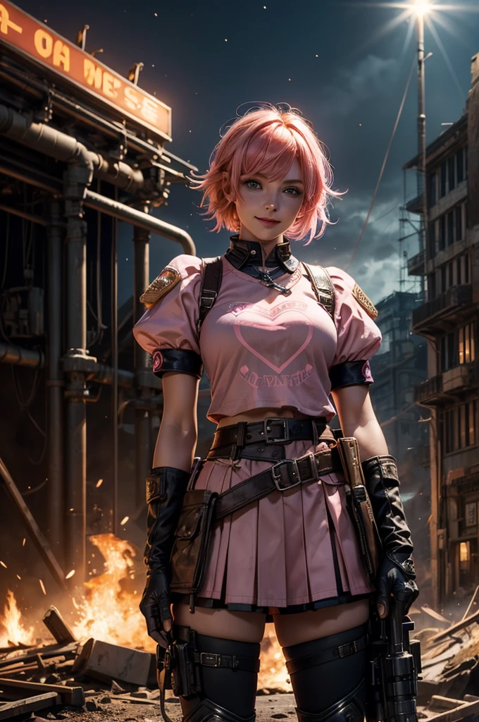  1girl,cowboy shot, beautiful nora_valkyrie, looking at viewer, smile, short hair, blue eyes,heart design on t-shirt, gloves,  jacket, pink skirt, pink belt, short sleeves, puffy sleeves, single armband, fingerless gloves, short hair, orange hair, pink gloves, dynamic pose, night, lightning, standing near old steam train, post-apocalypse, dystopian future, crowd, (crowd in military uniforms), bonfires, (volumetric lighting), best quality, masterpiece, intricate details, tonemapping, sharp focus, hyper detailed, trending on Artstation,