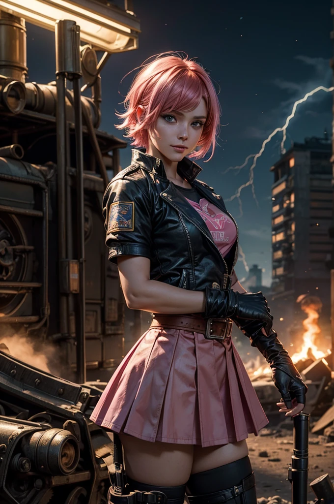 1girl,cowboy shot, beautiful nora_valkyrie, looking at viewer, smile, short hair, blue eyes,heart design on t-shirt, gloves, jacket, pink skirt, pink belt, short sleeves, puffy sleeves, single armband, fingerless gloves, short hair, orange hair, pink gloves, dynamic pose, night, lightning, standing near old steam train, post-apocalypse, dystopian future, crowd, (crowd in military uniforms), bonfires, (volumetric lighting), best quality, masterpiece, intricate details, tonemapping, sharp focus, hyper detailed, trending on Artstation,