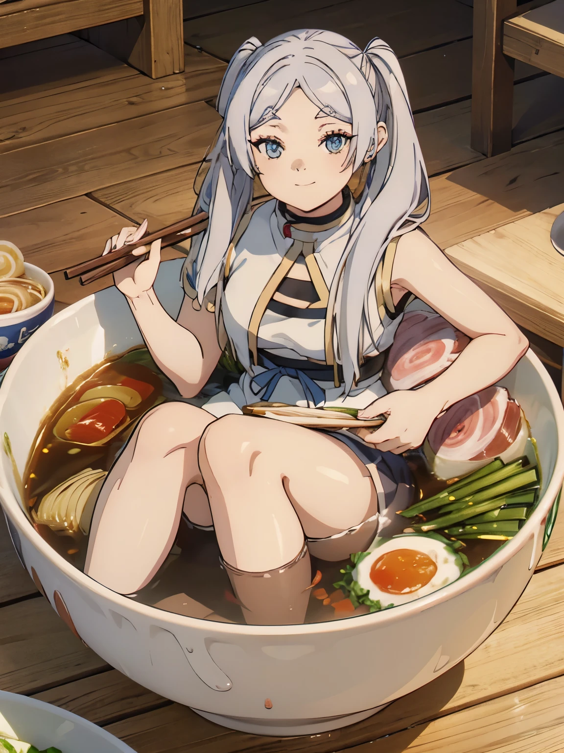 1girl,Allein,Blaue Augen,Frielen、Silver Hair、Twin tails、Long Hair、Expressionless smile、lange blonde Haare,vorne geflochten,Smile,Full body,Schenkel,medium breasts,traditionelle koreanische Kleidung,minigirl, in Lebensmitteln,in the container,in a ramen bowl,Suppe, Ramen, Nudeln,Ei,Fleisch,Spring onion,teilweise untergetaucht,Sweet,Dampf,koreanischer Hintergrund,keine Schuhe,eating from the bowl with chopsticks