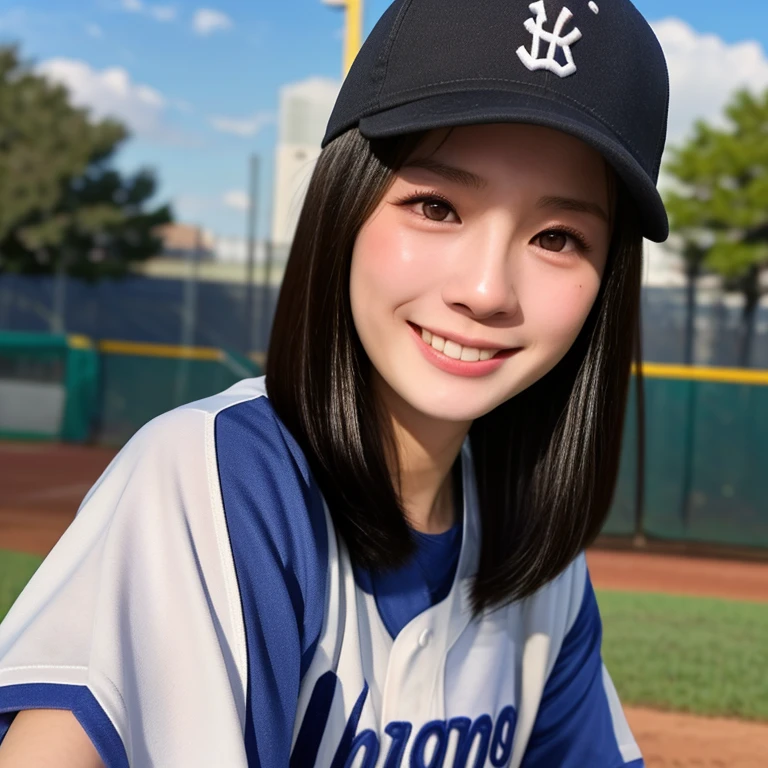 (kawaii 24 year-old Japanese girl, Nogizaka idol, Korean idol, female baseball player), healthy athlete body, (glossy black hair, very short hair, pixie cut, bangs:1.3), beautiful black eyes, rounded face, single eyelid, whitened even teeth, (no makeup:1.2), (big laughing:1.2), (baseball uniform, baseball cap:1.3), extra small breasts, BREAK, (park background, summer daytime:1.2), (dynamic angle, bust shot:1.2), BREAK, (masterpiece, best quality, photo realistic, official art:1.4), (UHD, 8K quality wallpaper, high resolution, raw photo, golden ratio:1.3), (shiny skin), professional lighting, physically based rendering, award winning, (highly detailed skin texture, extremely detailed face and eyes textures), Carl Zeiss 85 mm F/1.4, depth of field, (1girl, solo),