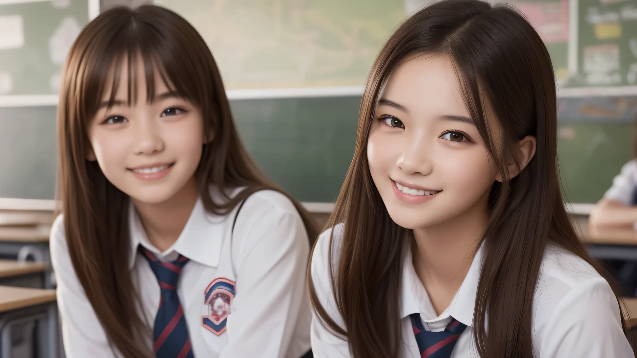 (2girl), (happy smiles), (high school uniform), (Best Quality:1.4), Realistic, extremely detailed CG unified 8k wallpaper, highly detailed, High-definition raw color photos, professional photography, Realistic portrait, Beautiful detailed, Close up portrait of girl, (school, classroom:1.2), (Fine face:1.2),