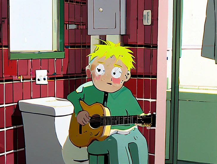 Butters Stotch got Elderly playing Electric Guitar sitting on Toilet in Bathroom 