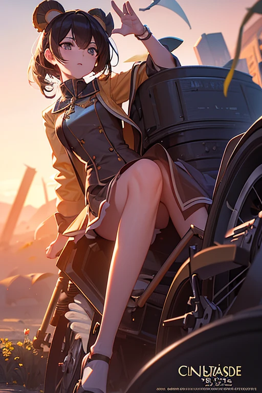 (masterpiece, best quality:1.2),illustration,8k,hd,1girl,solo,upper body,(portrait:1.2),twintails,brown hair,knee pads,brown eyes,long hair,boots,black gloves,black shorts,black footwear,goggles on head,black thighhighs,scar across eye,