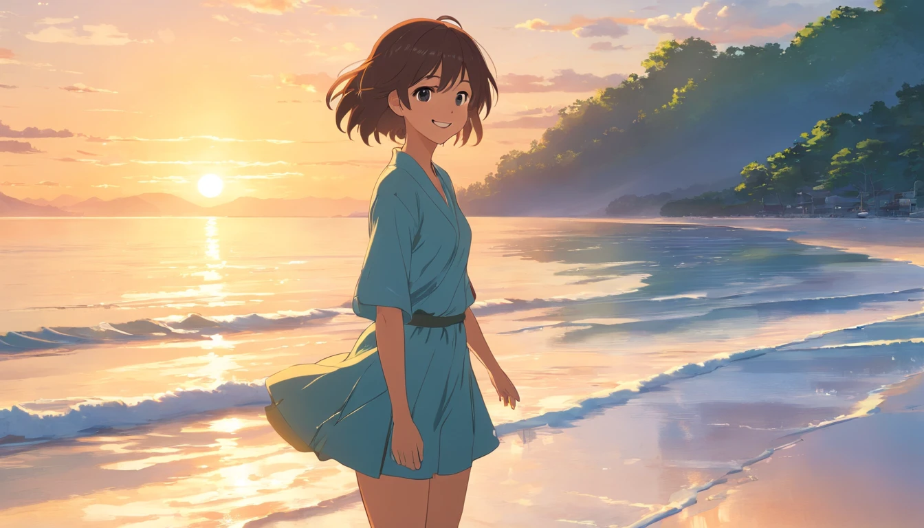 A beautiful woman smiling happily at the edge of the water with the sunrise on the beach in the background