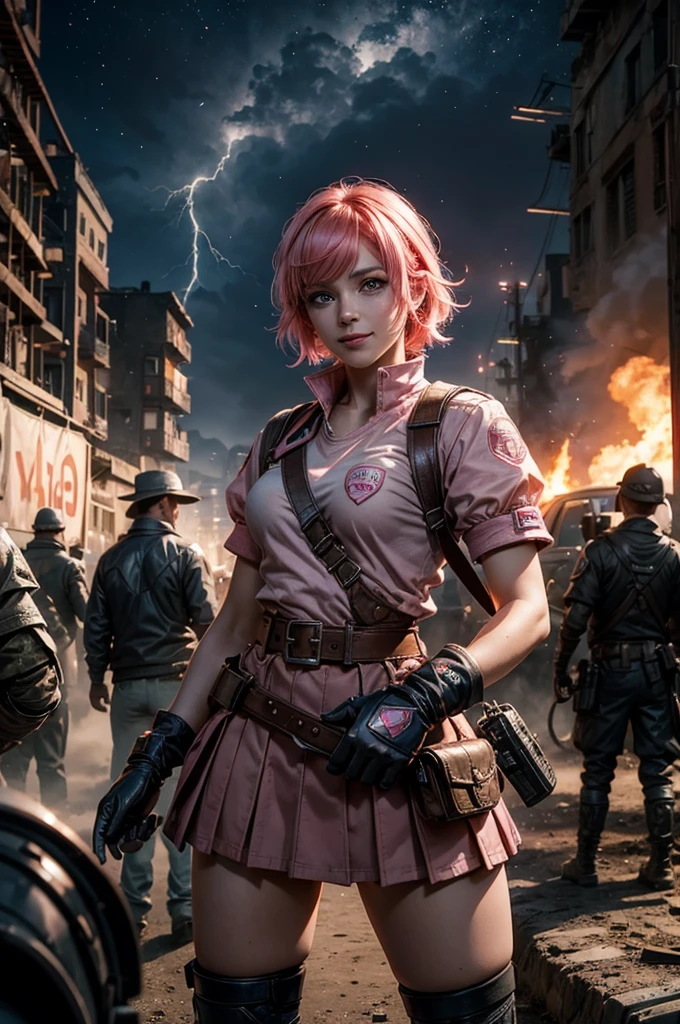 1girl,cowboy shot, beautiful nora_valkyrie, looking at viewer, smile, short hair, blue eyes,heart design on t-shirt, gloves, jacket, pink skirt, pink belt, short sleeves, puffy sleeves, single armband, fingerless gloves, short hair, orange hair, pink gloves, dynamic pose, night, lightning, standing near old steam train, post-apocalypse, dystopian future, crowd, (crowd in military uniforms), bonfires, (volumetric lighting), best quality, masterpiece, intricate details, tonemapping, sharp focus, hyper detailed, trending on Artstation,