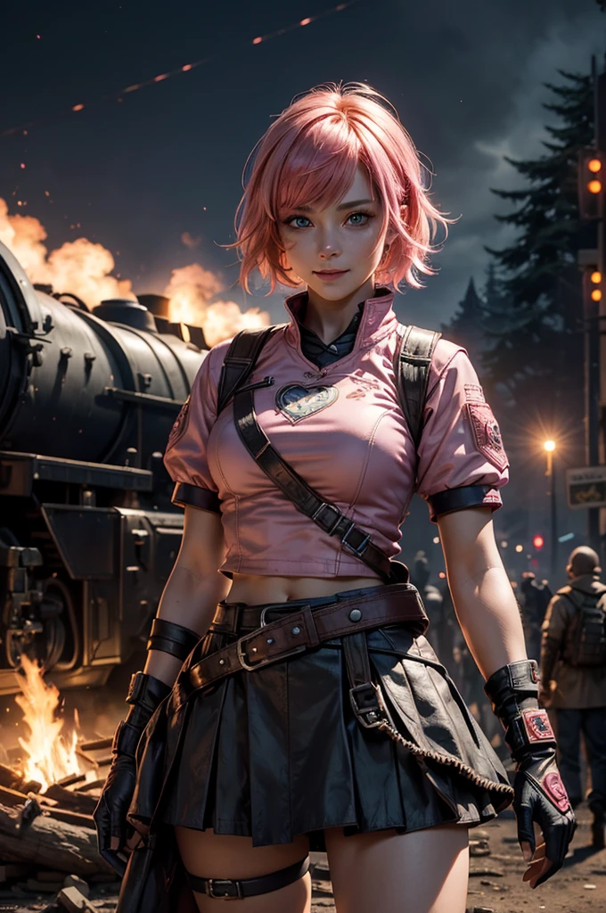  1girl,cowboy shot, beautiful nora_valkyrie, looking at viewer, smile, short hair, blue eyes,heart design on t-shirt, gloves,  jacket, pink skirt, pink belt, short sleeves, puffy sleeves, single armband, fingerless gloves, short hair, orange hair, pink gloves, dynamic pose, night, lightning, standing near old steam train, post-apocalypse, dystopian future, crowd, (crowd in military uniforms), bonfires, (volumetric lighting), best quality, masterpiece, intricate details, tonemapping, sharp focus, hyper detailed, trending on Artstation,