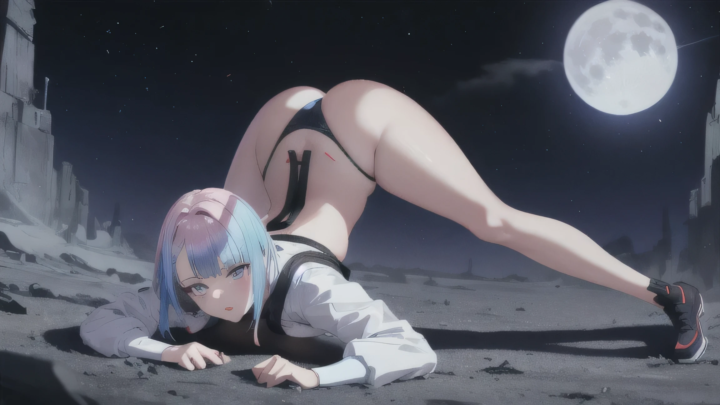 highly detailed, high quality, Artwork, jack-o' challenge, flexible, open legs, top to bottom bottom to top, Hutaodef, shorts Lucy \(cyberpunk\), 1 girl, arm up, bangs, blue hair, colored tips, full moon, gray eyes, jacket, long sleeves, looking at viewer, short hair, moon, multicolored hair, parted bangs, parted lips , pink hair, portrait, red eyeliner, red lips, Alone, white jacket, cyberpunk \(Series\), cyberpunk edgerunners (big ass), ((big boobs)), very sex
