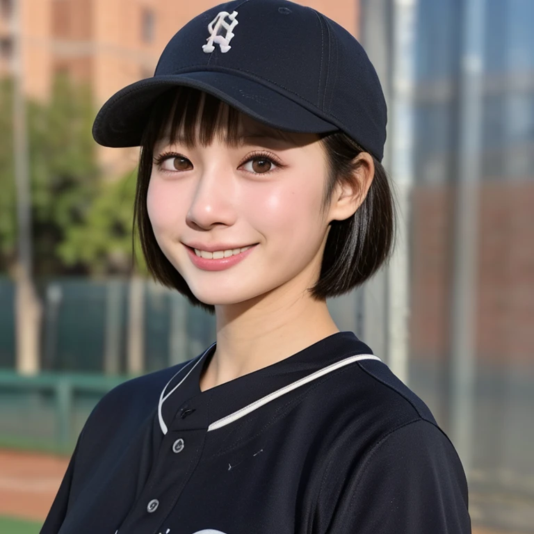 (kawaii 24 year-old Japanese girl, Nogizaka idol, Korean idol, female baseball player), healthy athlete body, (glossy black hair, very short hair, pixie cut, bangs:1.3), beautiful black eyes, rounded face, single eyelid, whitened even teeth, (no makeup:1.2), (big laughing:1.2), (baseball uniform, baseball cap:1.3), extra small breasts, BREAK, (park background, summer daytime:1.2), (dynamic angle, bust shot:1.2), BREAK, (masterpiece, best quality, photo realistic, official art:1.4), (UHD, 8K quality wallpaper, high resolution, raw photo, golden ratio:1.3), (shiny skin), professional lighting, physically based rendering, award winning, (highly detailed skin texture, extremely detailed face and eyes textures), Carl Zeiss 85 mm F/1.4, depth of field, (1girl, solo),