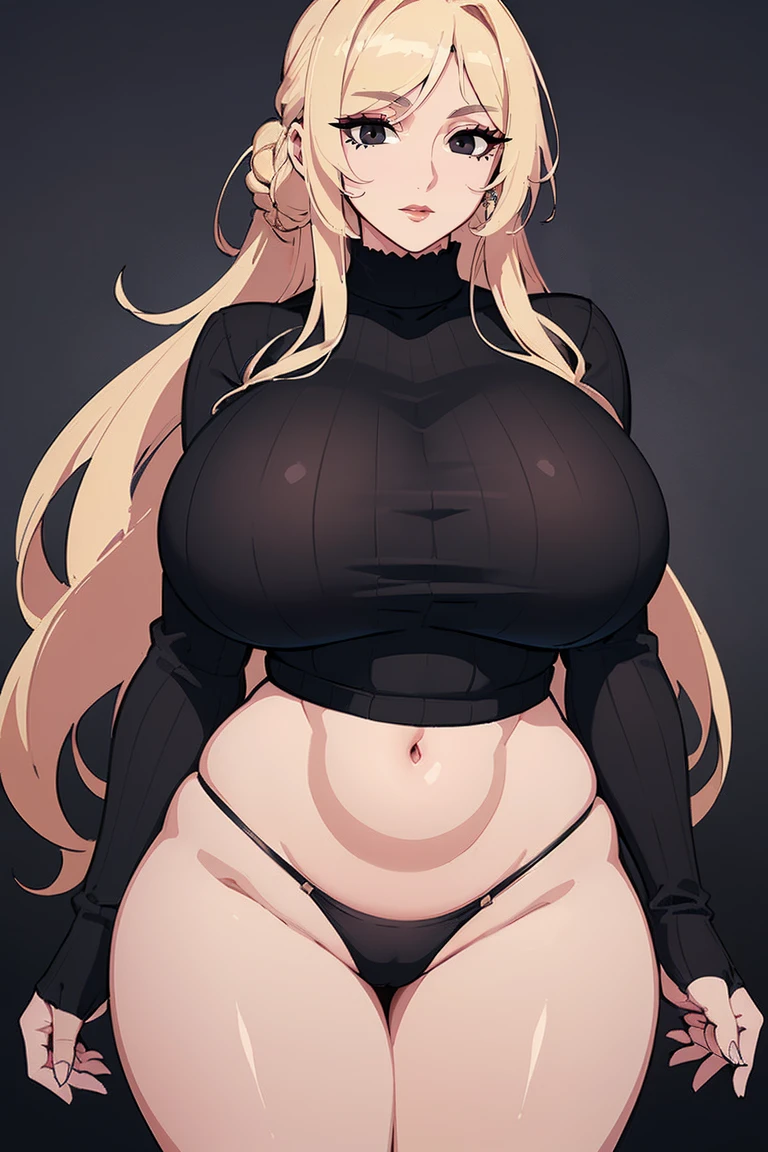 (Uhd, Masterpiece, Textured Skin, Super Detail, High Details, High Quality, Best Quality), Detailed Face, 1woman, mature pretty woman, ((Wide hips, thick thighs, massive huge breasts)), Blonde hair tied up, (Black sweater shirt), jeans, (Huge Body), (Hair tied up with side bangs)