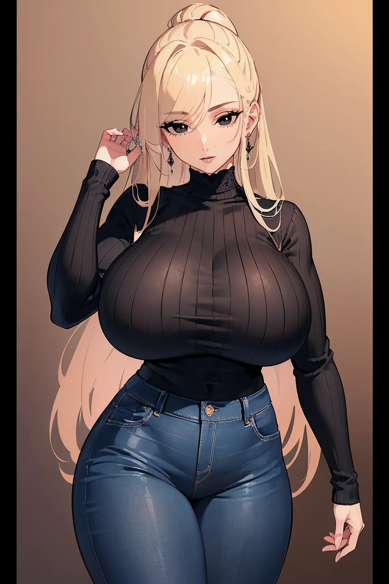 (Uhd, Masterpiece, Textured Skin, Super Detail, High Details, High Quality, Best Quality), Detailed Face, 1woman, mature pretty woman, ((Wide hips, thick thighs, massive huge breasts)), Blonde hair tied up, (Black sweater shirt), jeans, (Huge Body), (Hair tied up with side bangs)