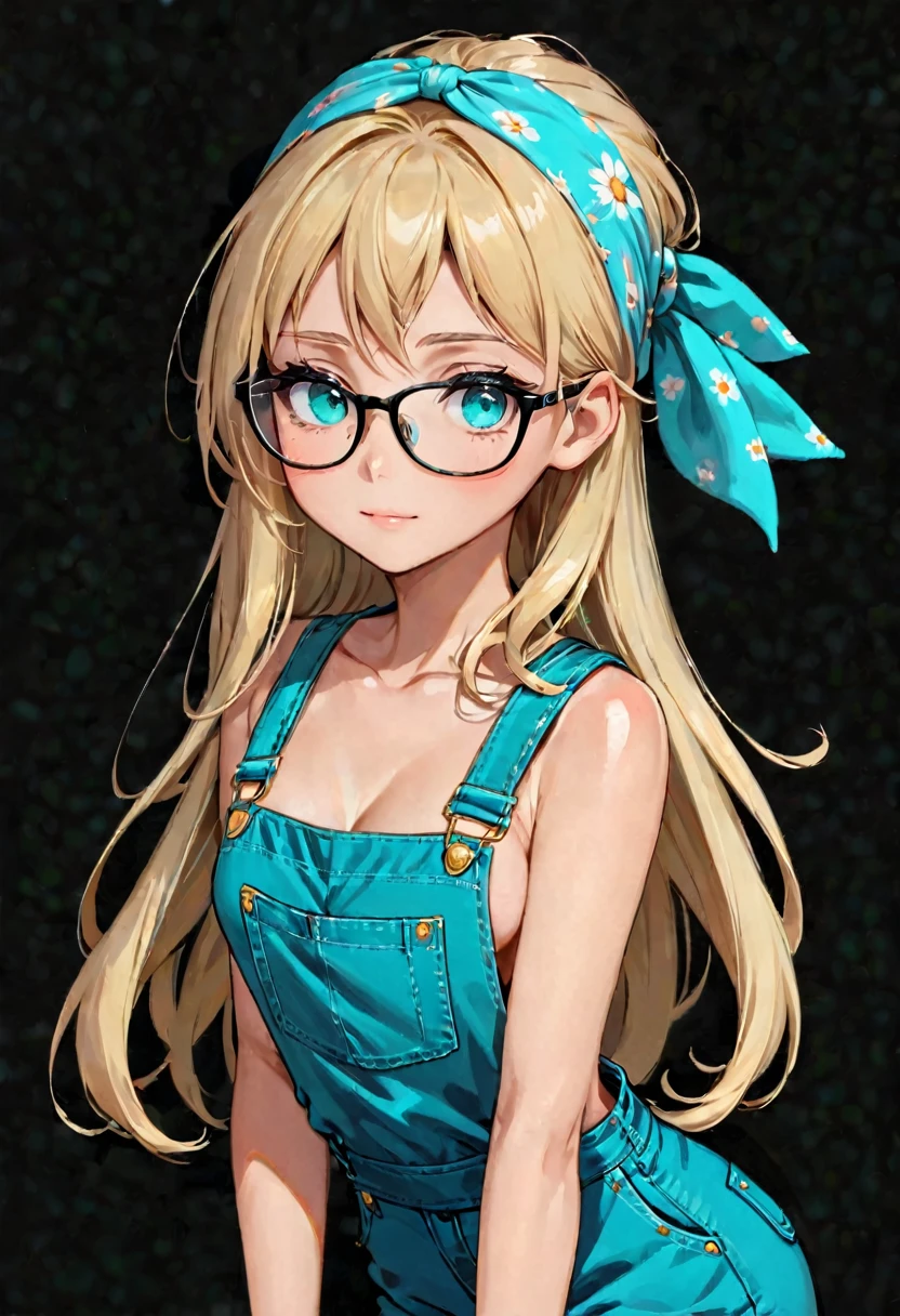 Anime girl, portrait style, black background, long light blonde medium length hair, bright turquoise eyes,black glasses, cottagecore bandana, cute overalls