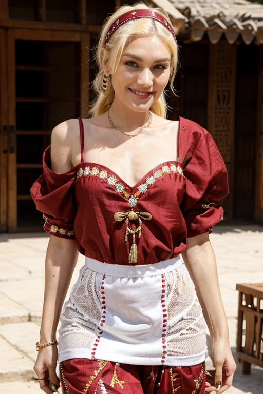 Gwen Stefani dressed in traditional Senegalese clothes and smiling sexy