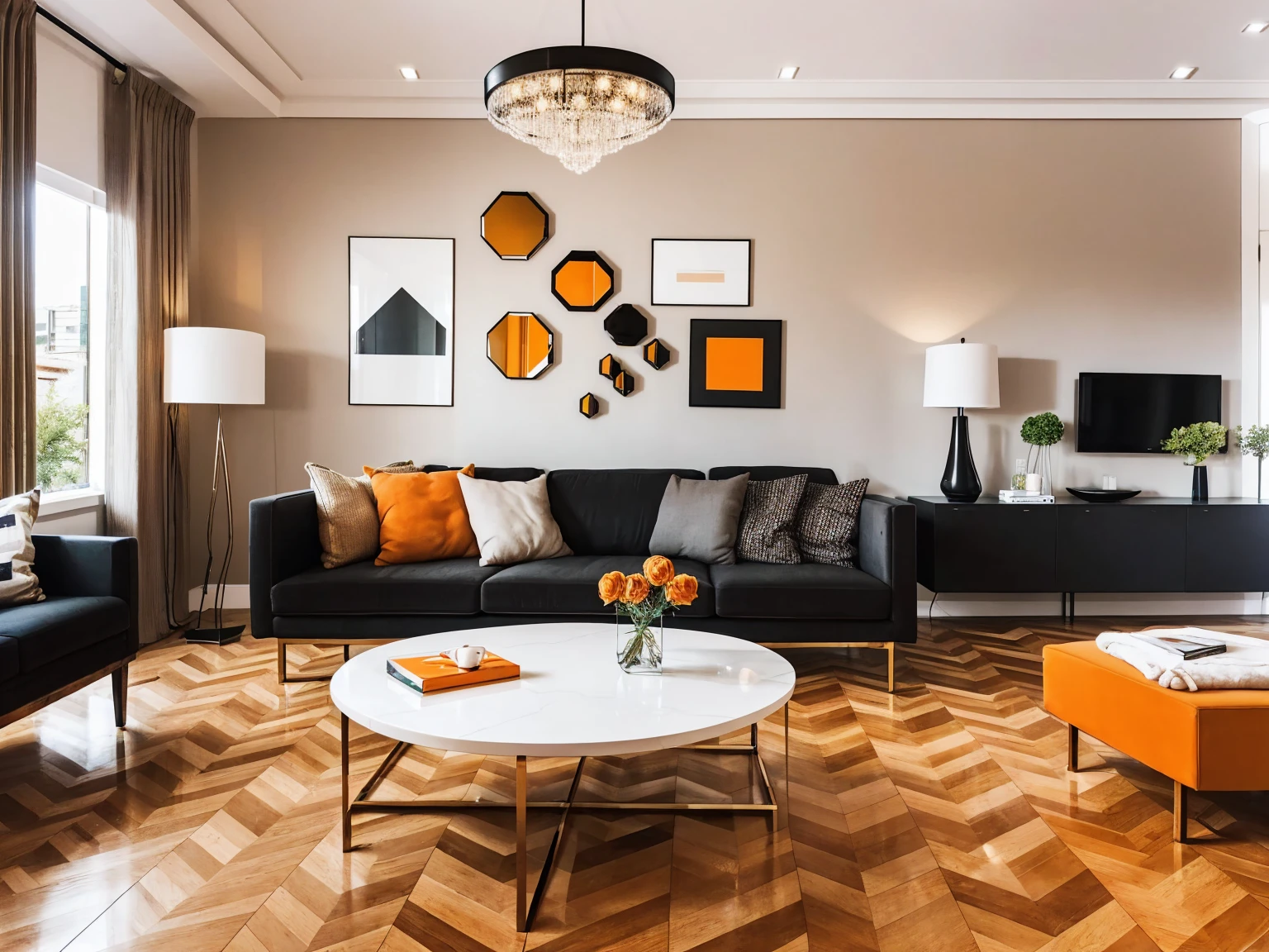 Modern living room with contemporary furnishings. The room features a sleek, beige sofa with geometric cushions, a brown modern chair, and various hexagonal coffee tables. Above the sofa hangs a luxurious chandelier with shiny, reflective, and irregularly shaped bulbs. Two circular mirrors with wooden frames and a large abstract painting with black, white, and orange geometric patterns adorn the walls. A floor lamp stands near the painting, and there are decorative items like small statues and vases placed on tables and shelves. The flooring is reflective, and the room has a neutral color palette with wooden and metallic accents.